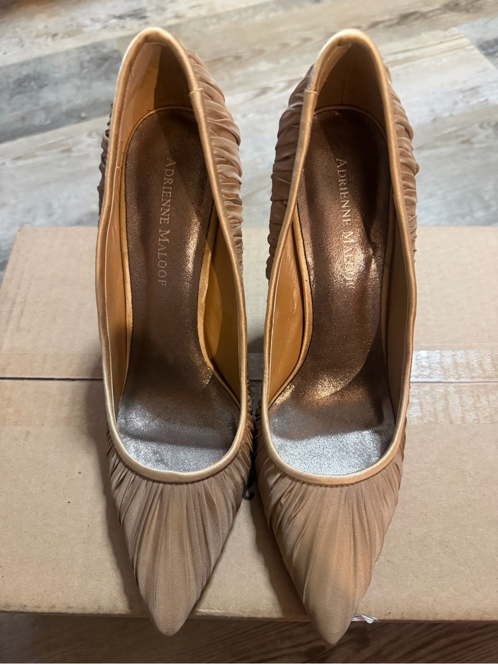 Adrienne Maloof Nude Ruched Pointed-Toe Pumps